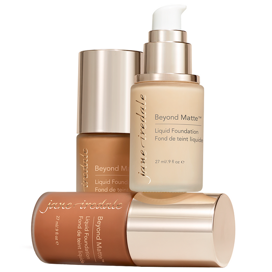 jane iredale Beyond Matte Liquid Foundation produktbilde med tre flasker